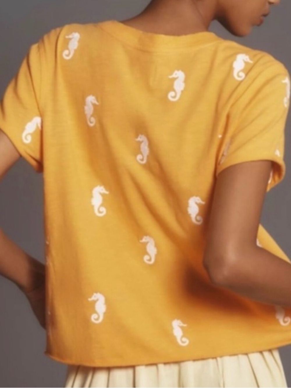 Anthropologie Mustard Yellow Embroidered Seahorse Short Sleeve T-Shirt - Picture 3 of 6